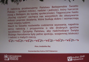 Pocztówka z opisem Betlejemskiego Światełka Pokoju