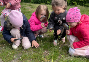 Dzieci prowadzą obserwacje w ogrodzie za pomocą lupy