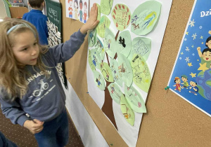 Dzieci wieszają liście z prawami na papierowym rysunku drzewa