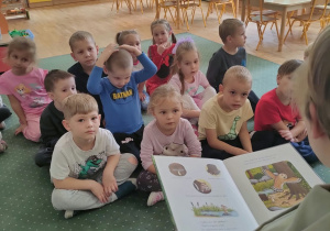 Dzieci słuchają książki czytanej przez chłopca