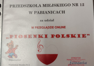 Dyplom dla Przedszkola Miejskiego nr 12 za udział w Przeglądzie Piosenki Polskiej