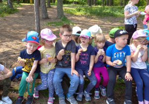 Dzieci z grupy III siedza na leśnej ławeczce i jedzą kanapkę