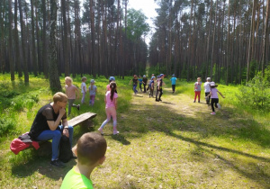 Dzieci z grupy IV biegają po ścieżce leśnej w poszukiwaniu szyszek