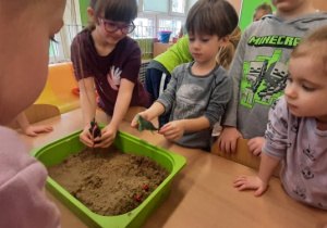 Dzieci wyszukują dinozaurów zakopanych w piasku