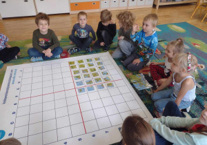 Przedszkolaki siedzą wokół maty, na której ułożyły puzzle z mapą Europy