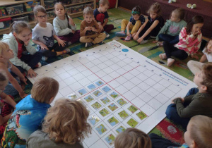 Dzieci siedzą wokół maty, na której ułożyły puzzle